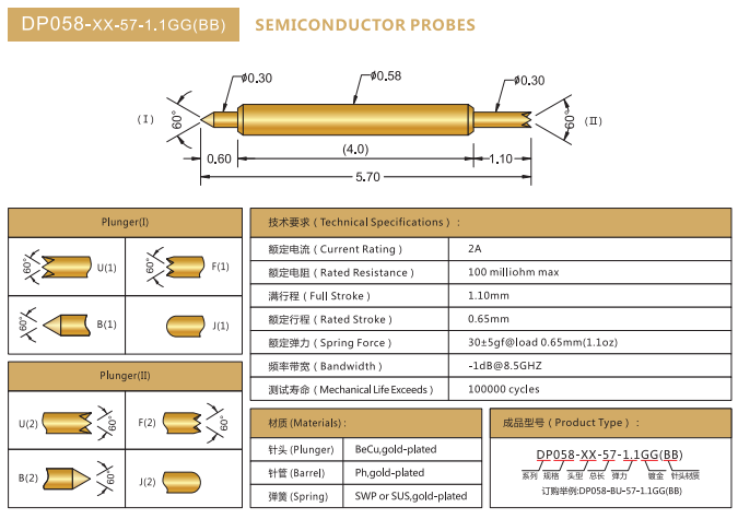 0.58mm雙頭探針，BGA探針，華榮華BGA雙頭測試針