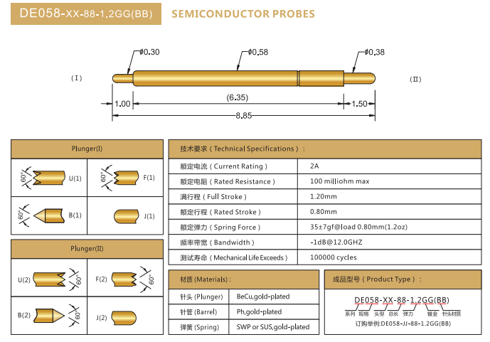 0.58mm雙頭探針，BGA測(cè)試針，華榮華雙頭彈簧針廠家